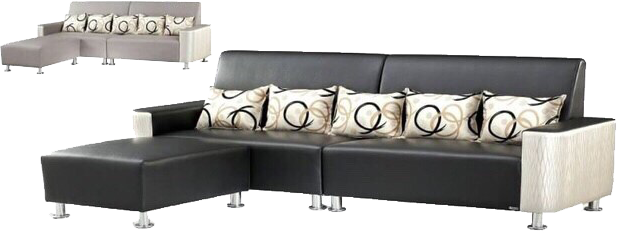 A black and white couch with pillows on it on a white background.
