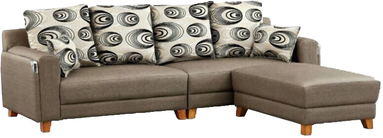 A brown sectional couch with ottoman and pillows on a white background.