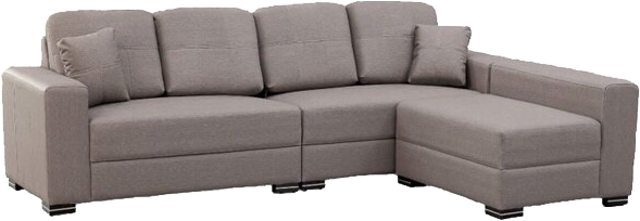 A sectional couch with a chaise lounge and pillows on a white background.