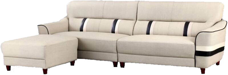 A white couch with a black stripe on the arm rests and ottoman.