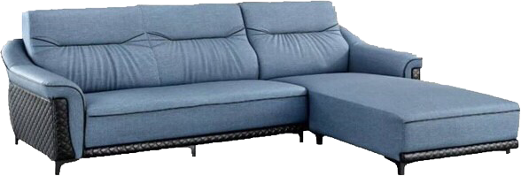 A blue sectional couch with a chaise lounge on a white background.