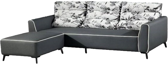 A gray sectional couch with white pillows on a white background.