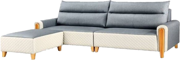 A grey couch with a white ottoman on a white background.