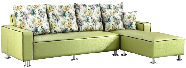 A green sectional couch with floral pillows on a white background.