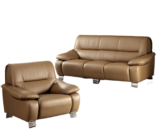 A brown leather couch and chair on a white background