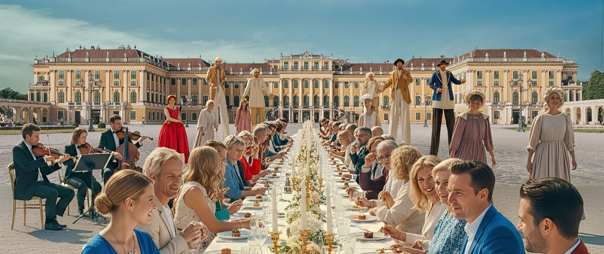 The Grand Table at Schönbrunn Palace – Vienna’s exclusive brunch & dinner 2025 Guests dining at The Grand Table in the Ehrenhof courtyard of Schönbrunn Palace, Vienna, 2025 event
