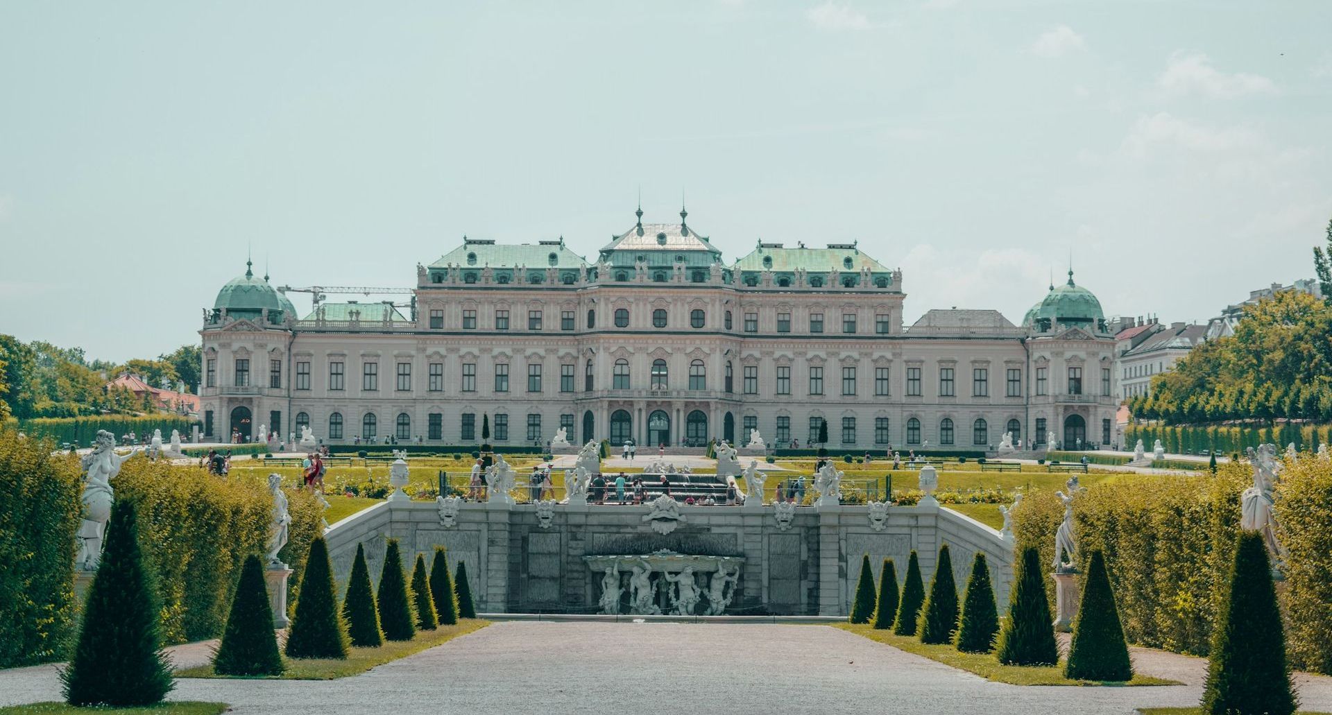 Belvedere Palace and Gardens, Vienna Front view of Belvedere Palace in Vienna with its formal gardens and baroque architecture on a sunny day.