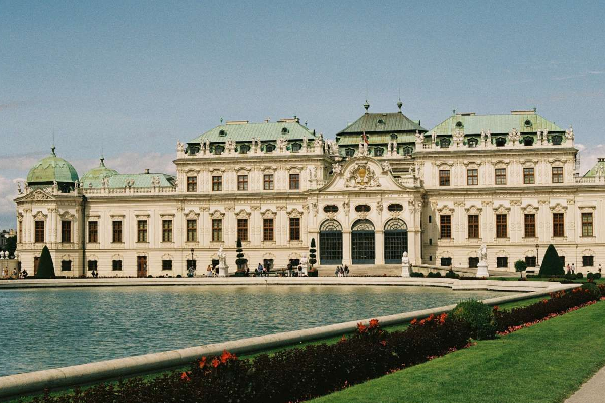Belvedere Palace Vienna exterior view with Baroque gardens and reflecting pool