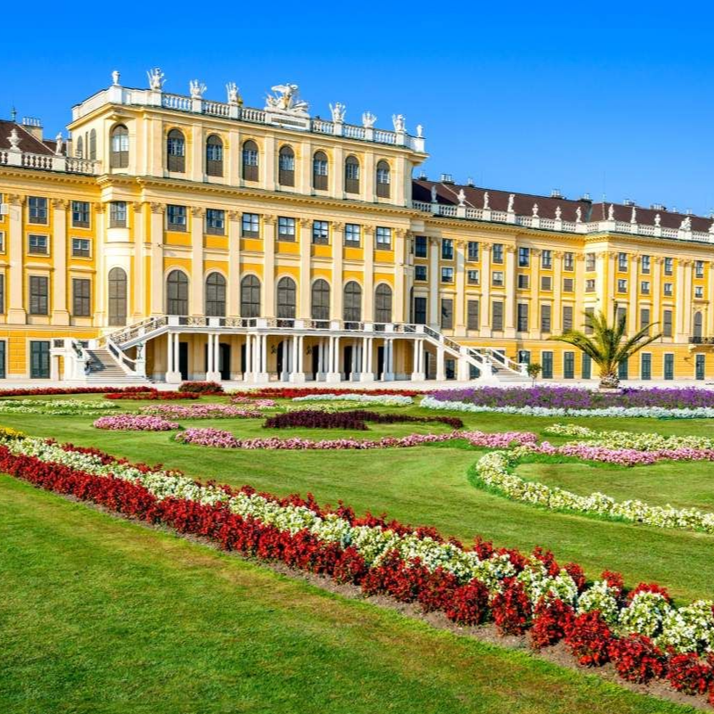 The main façade of Schönbrunn Palace in Vienna on a sunny day