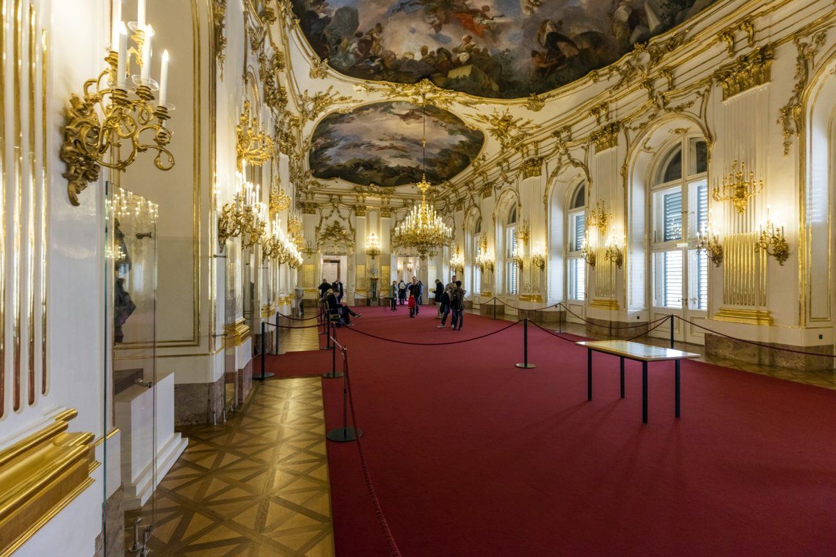 The Great Gallery at Schönbrunn Palace Vienna with chandeliers and frescoed ceilings