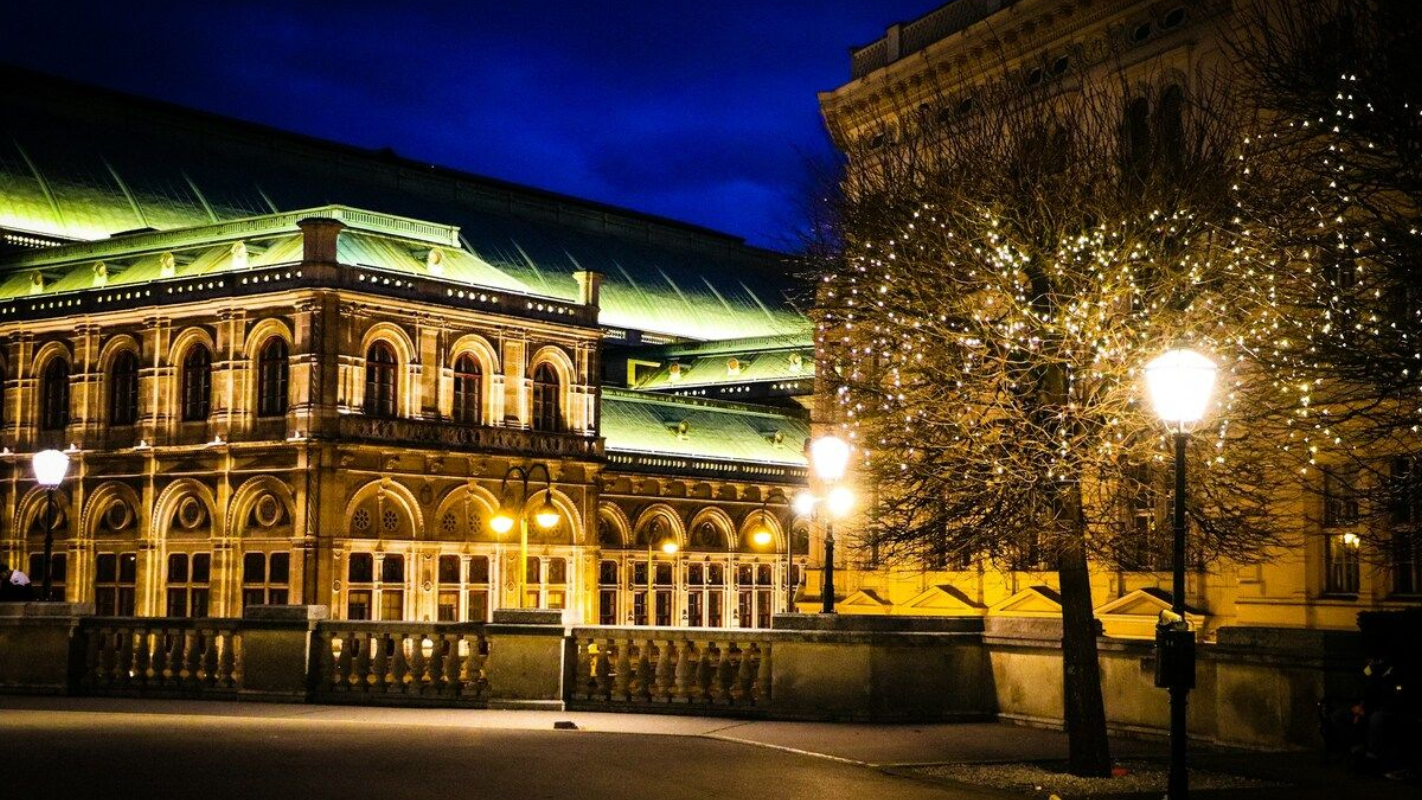Evening view of the Vienna State Opera from the Albertina Vienna State Opera viewed from the Albertina terrace at night