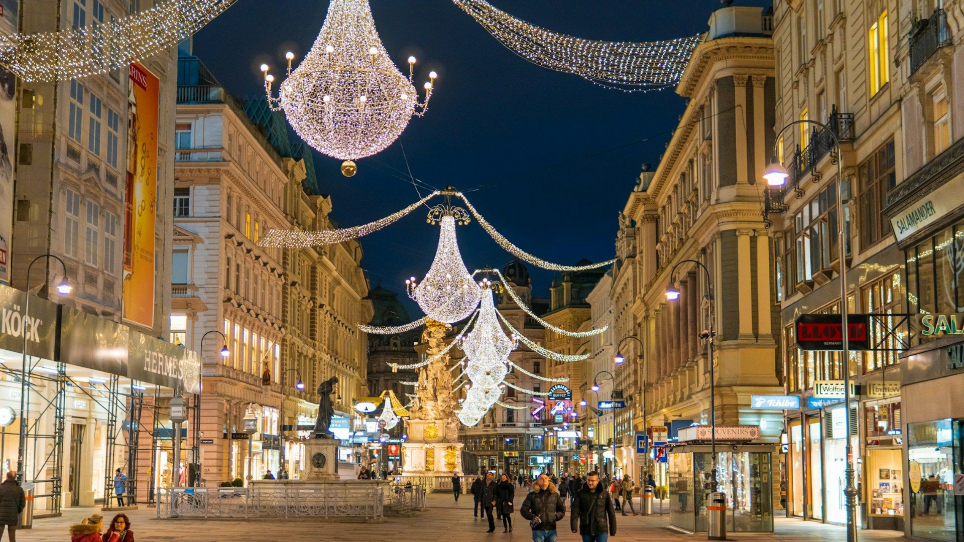 Vienna city center in November with autumn lights and early Christmas decorations.
