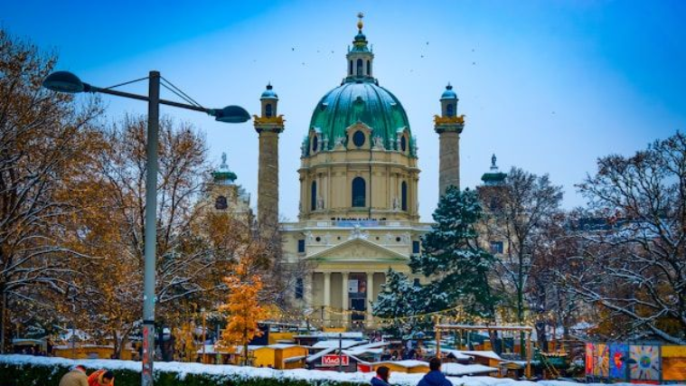 Vienna in December with Christmas lights at dusk