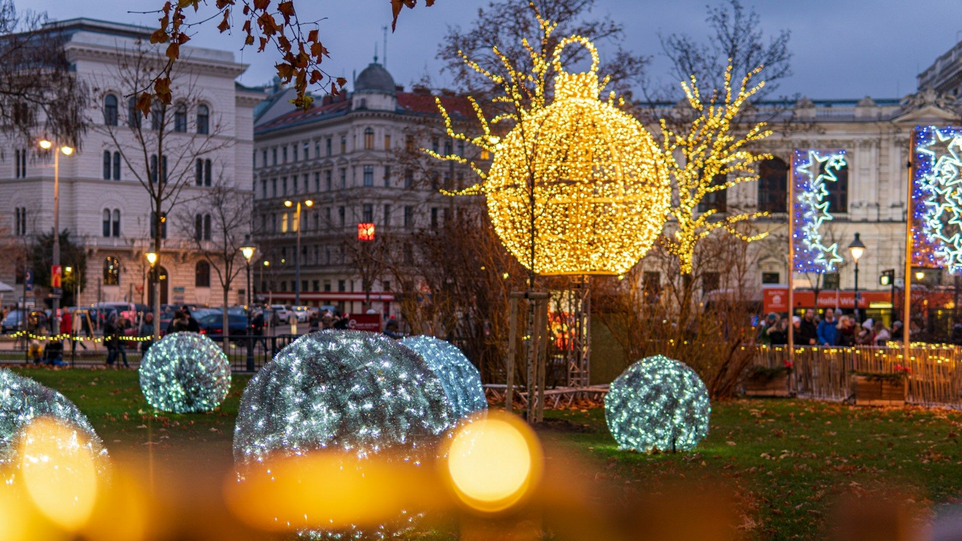 Vienna street with autumn trees and lights in November.