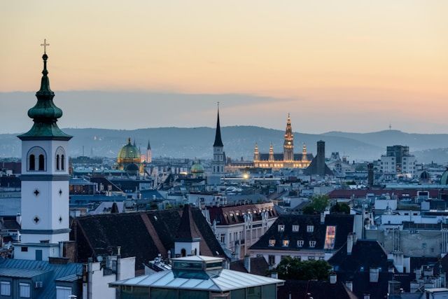 Vienna skyline at sunset with the Town Hall visible