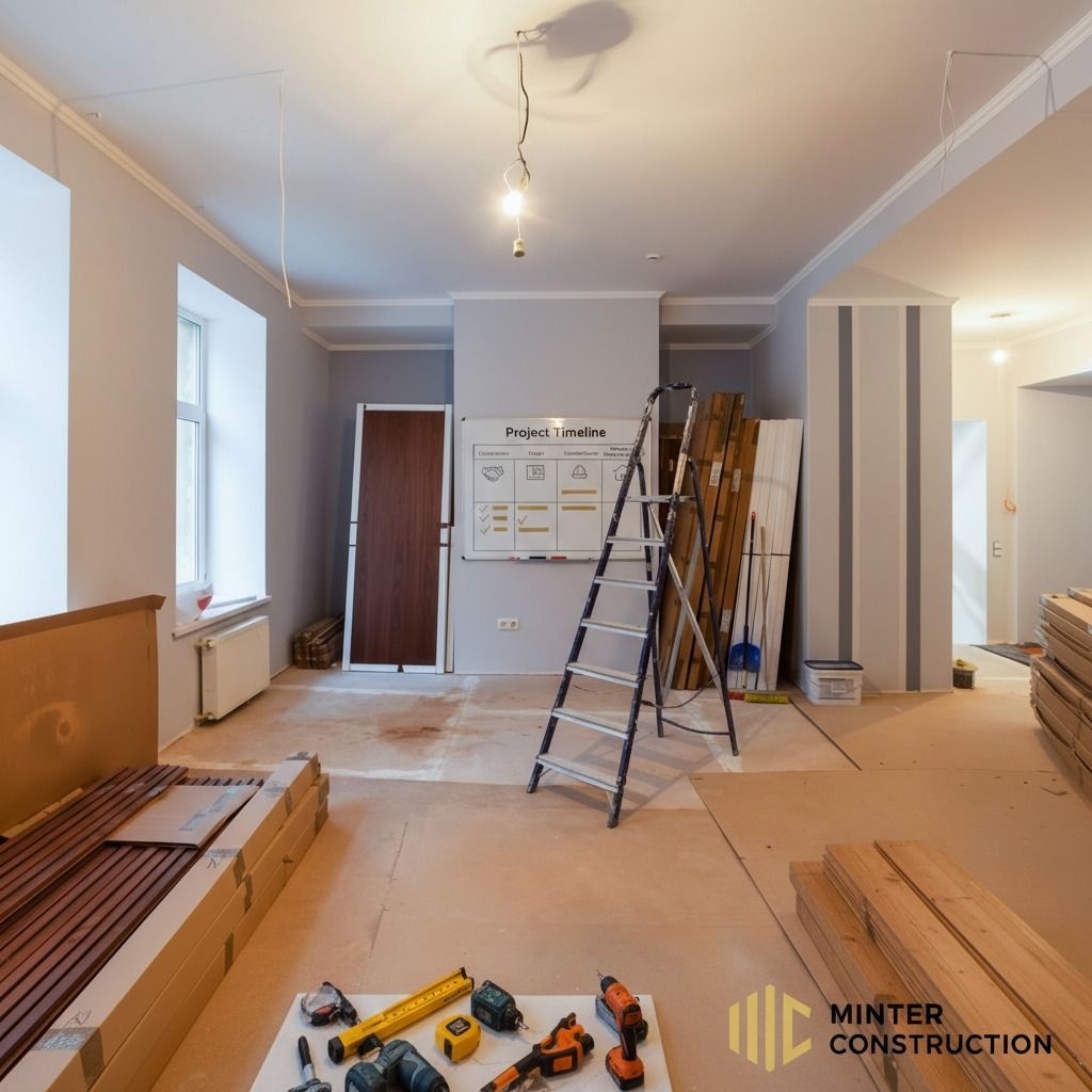 Renovation site with ladders, tools, and drywall in a bright, unfinished room
