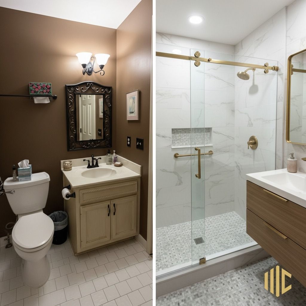 Split bathroom interior: toilet and vanity on left, glass shower with gold fixtures on right.