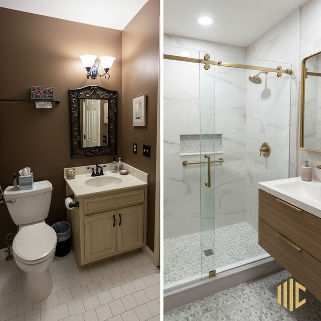 Split bathroom interior: toilet and vanity on left, glass shower with gold fixtures on right.