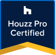 Houzz Pro Certified badge with blue background, white text, and gold chevron accent
