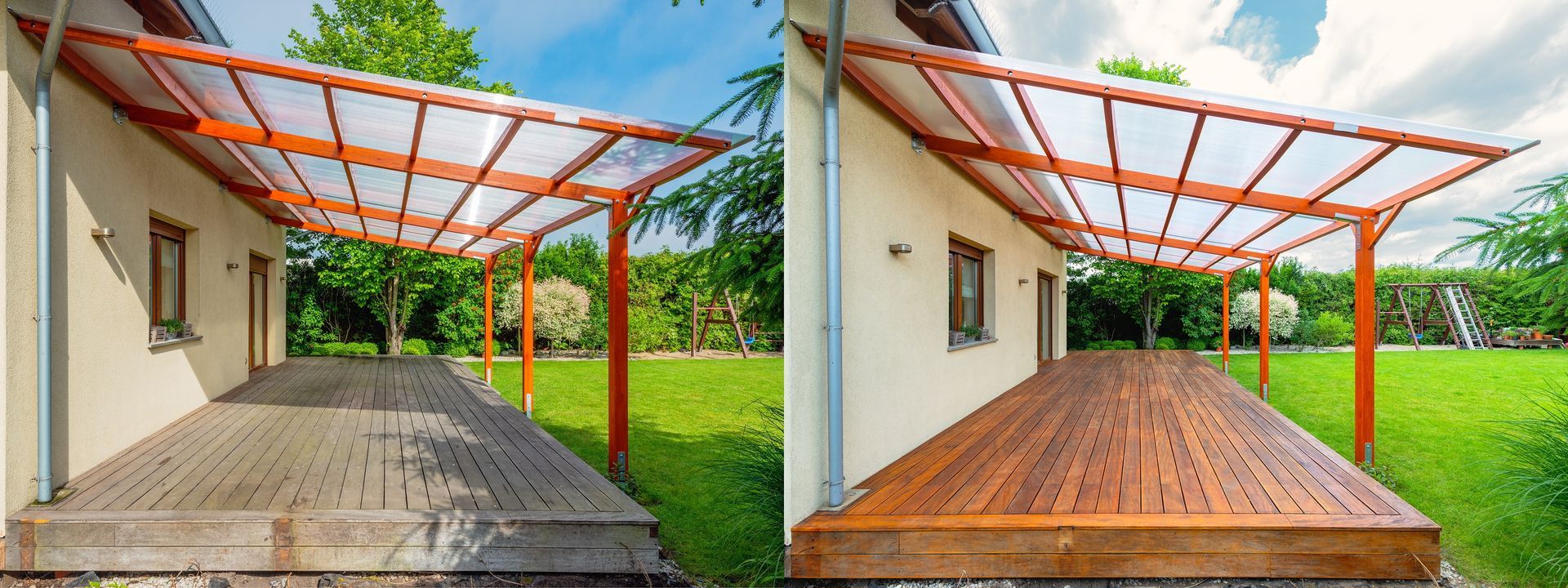 Wooden porch with a transparent roof, showing before and after staining.