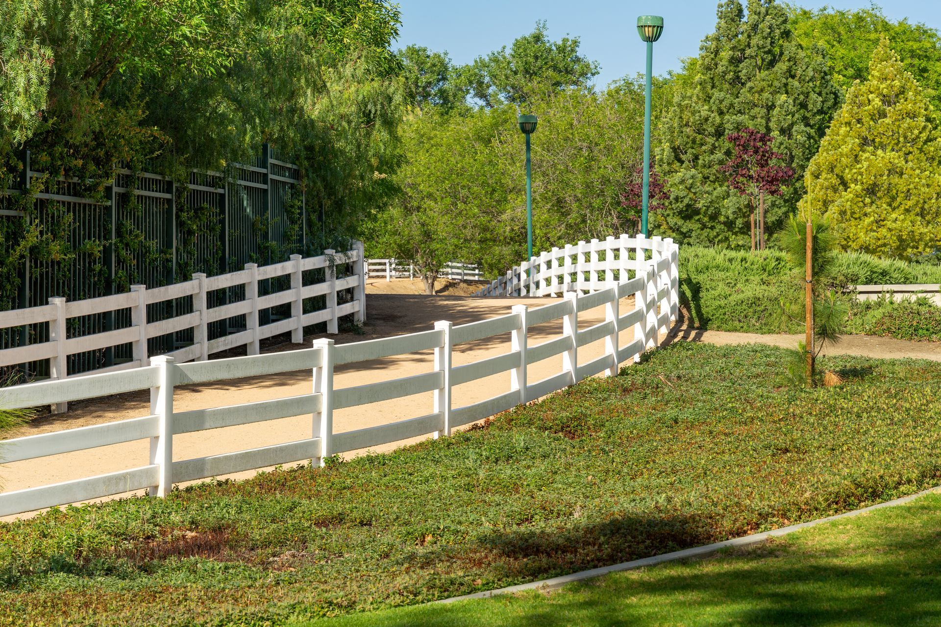 White picket fence curves along a path in a park; trees and greenery surround.