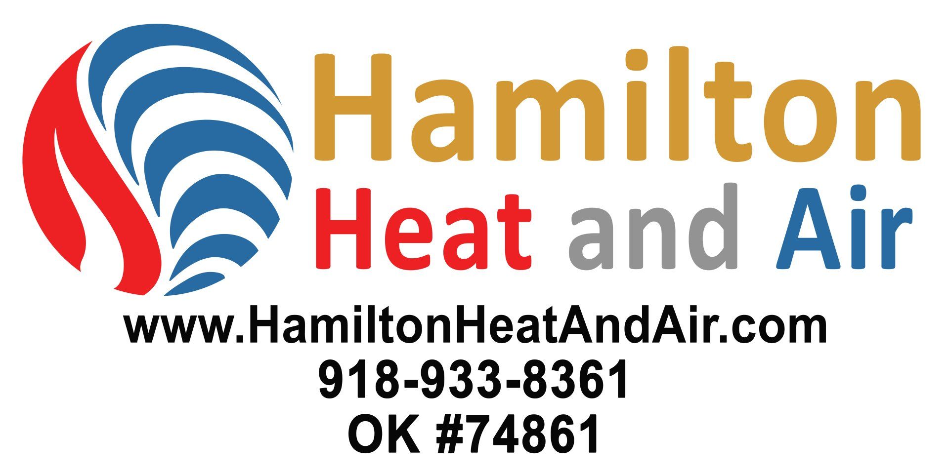 The logo for hamilton heat and air shows a blue and red flame.