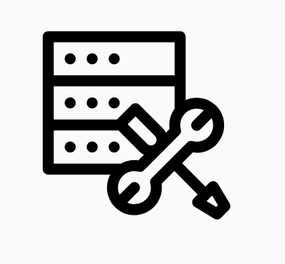 A black and white icon of a server with a wrench and screwdriver.