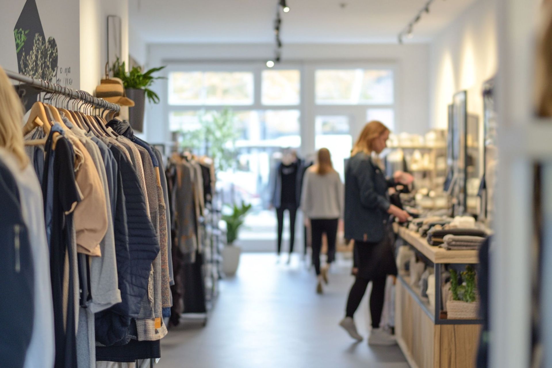 A woman is standing in a clothing store looking at clothes.