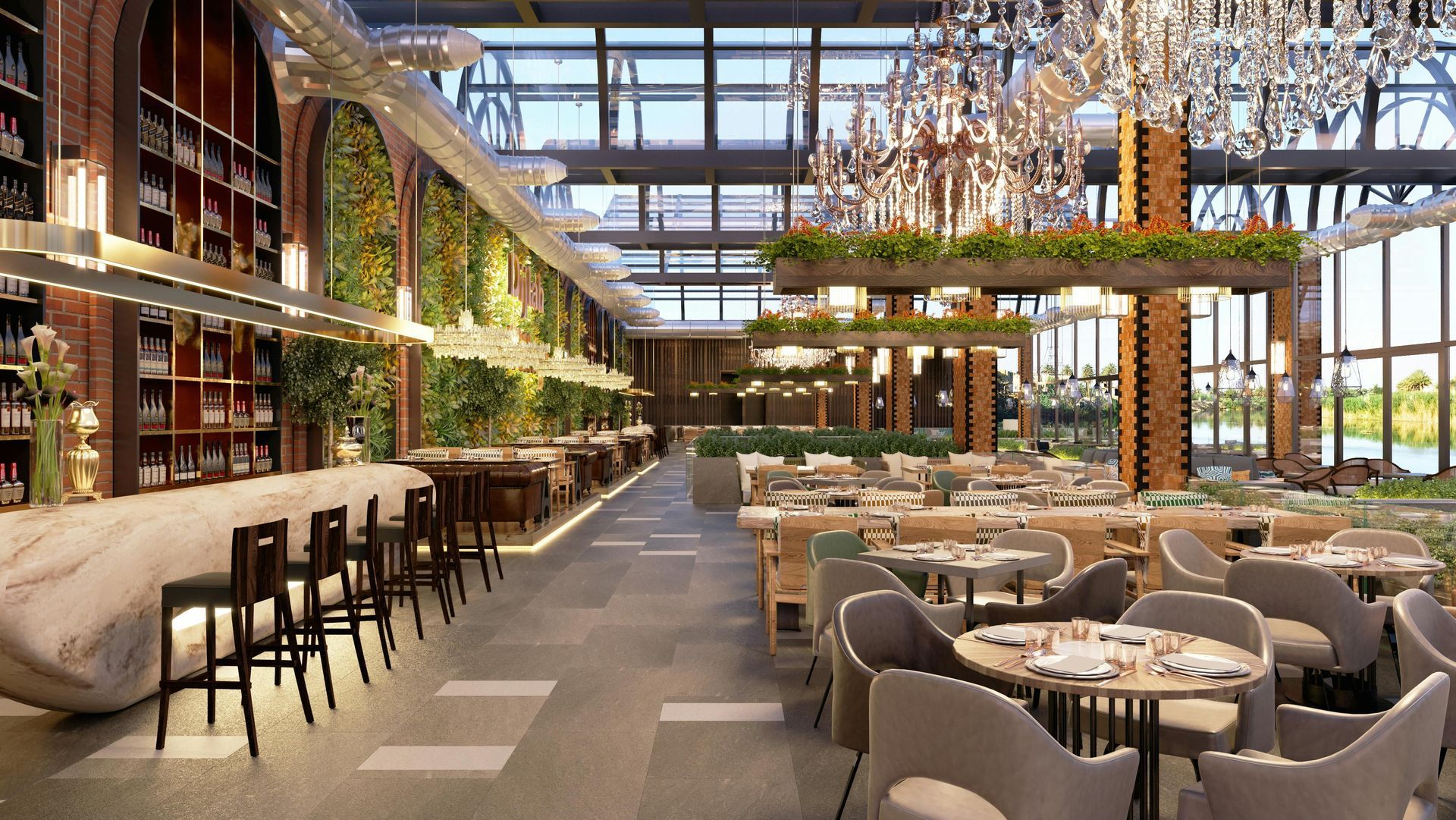 An artist 's impression of a restaurant with tables and chairs.