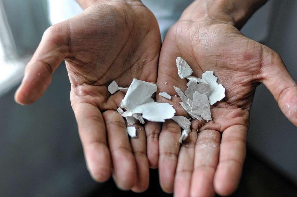 A person holding lead paint chips during a lead abatement service