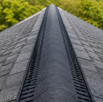 Close-up of a gray shingled roof ridge with black ventilation strips