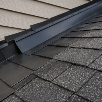 Black metal roof flashing on gray asphalt shingles beside a sloped roof edge