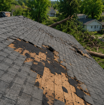 Damaged shingle roof with exposed plywood and fallen tree branches after storm damage