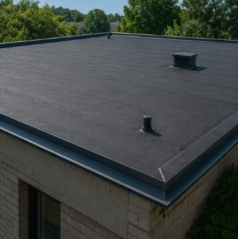 Flat black roof with two vents, seen from above, on a building surrounded by trees.