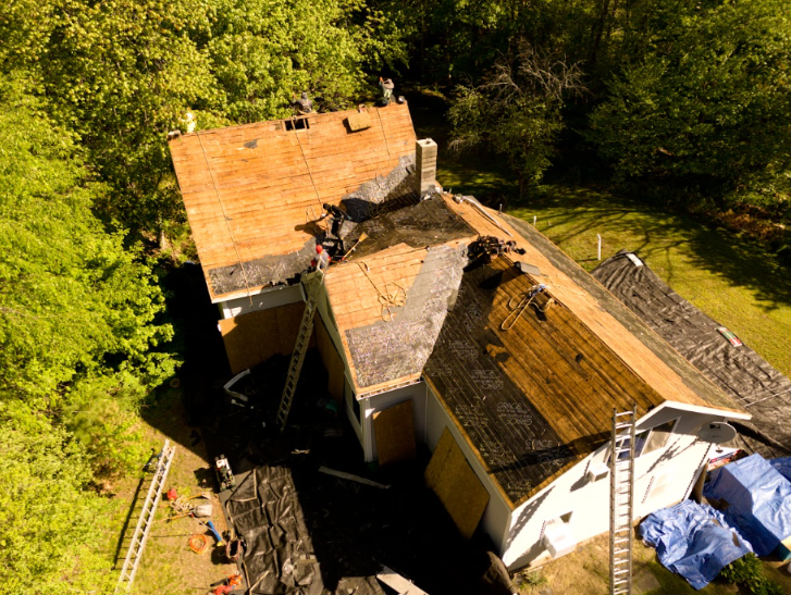 Aerial view of two weathered houses with red and gray roofs surrounded by dense green trees.