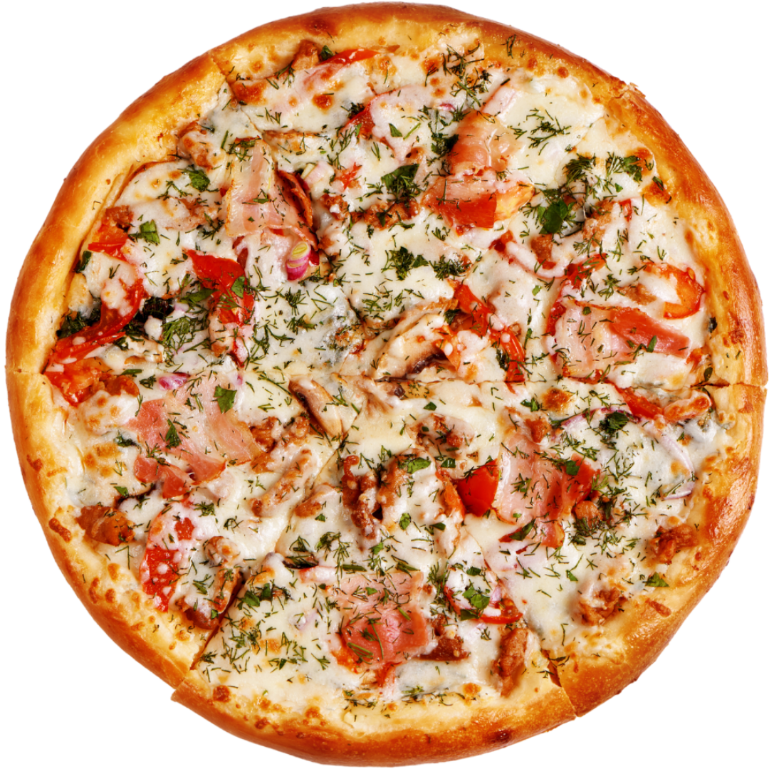 A pizza with tomatoes and cheese on a white background