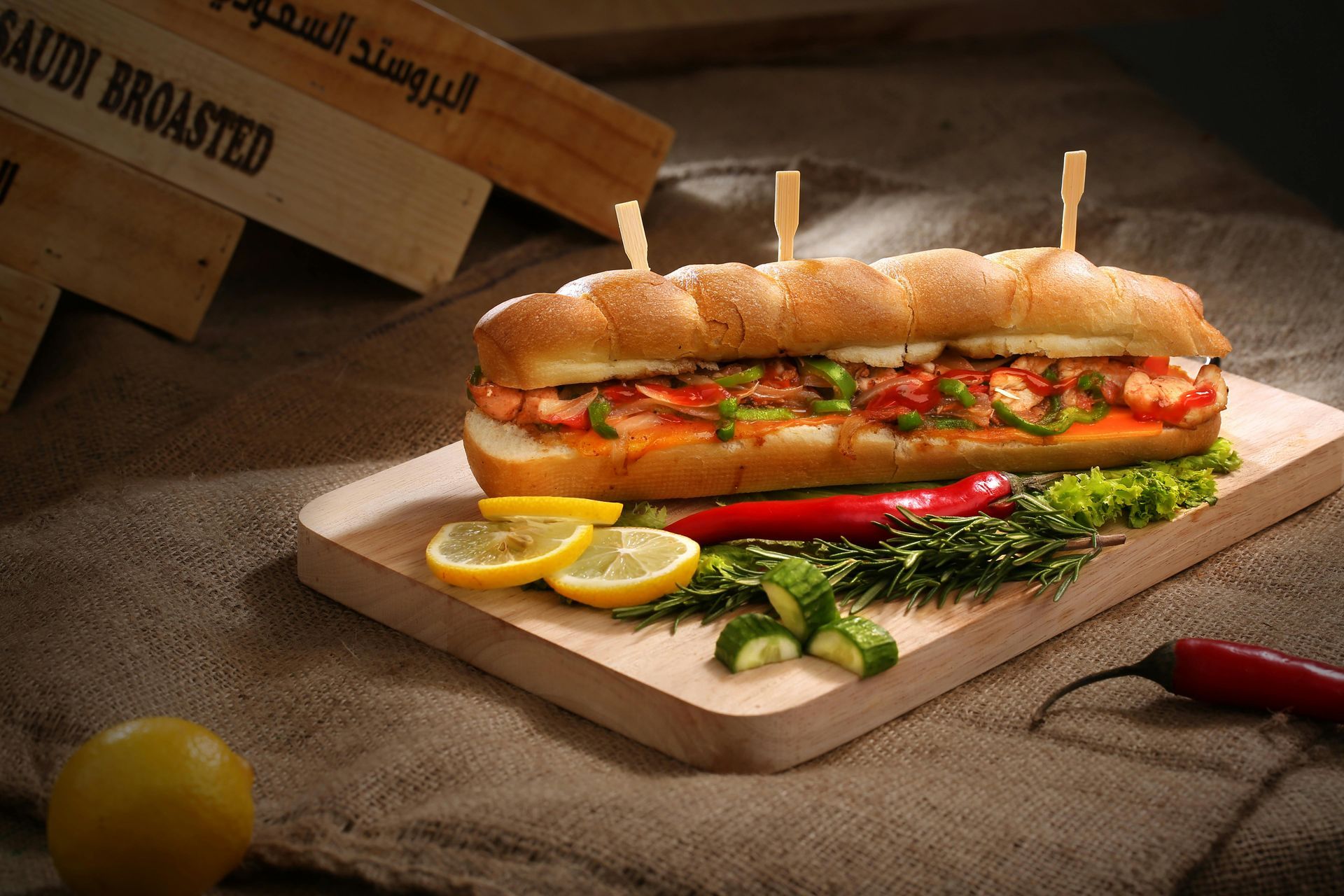 Submarine sandwich with toppings on a wooden board, with lemons, peppers, and greenery.