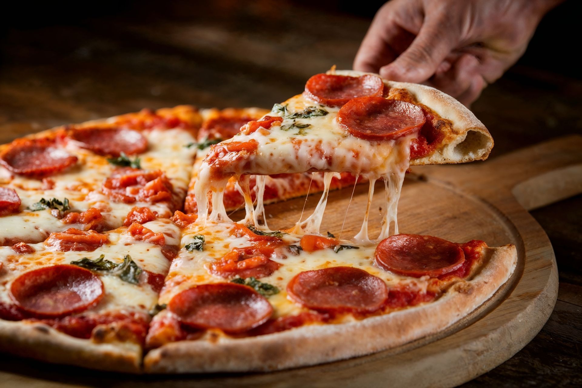 A person is taking a slice of pepperoni pizza from a pizza on a wooden cutting board.