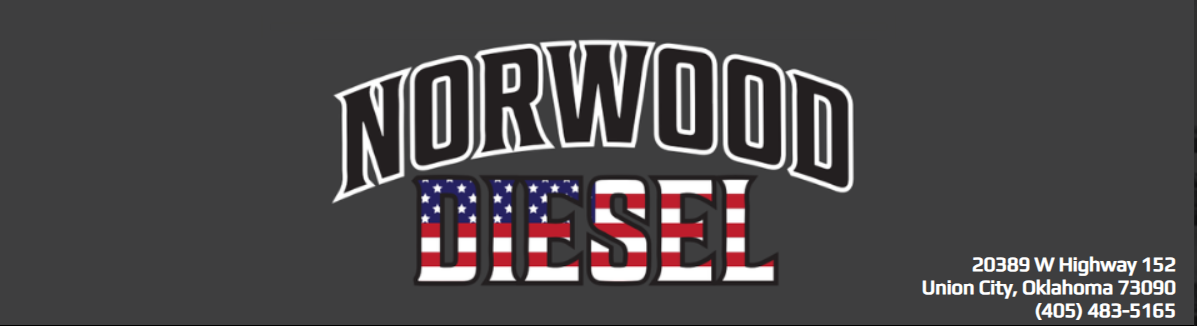 Logo for Norwood Diesel in Union City, Oklahoma, with the company name featuring a red, white, and blue flag pattern.