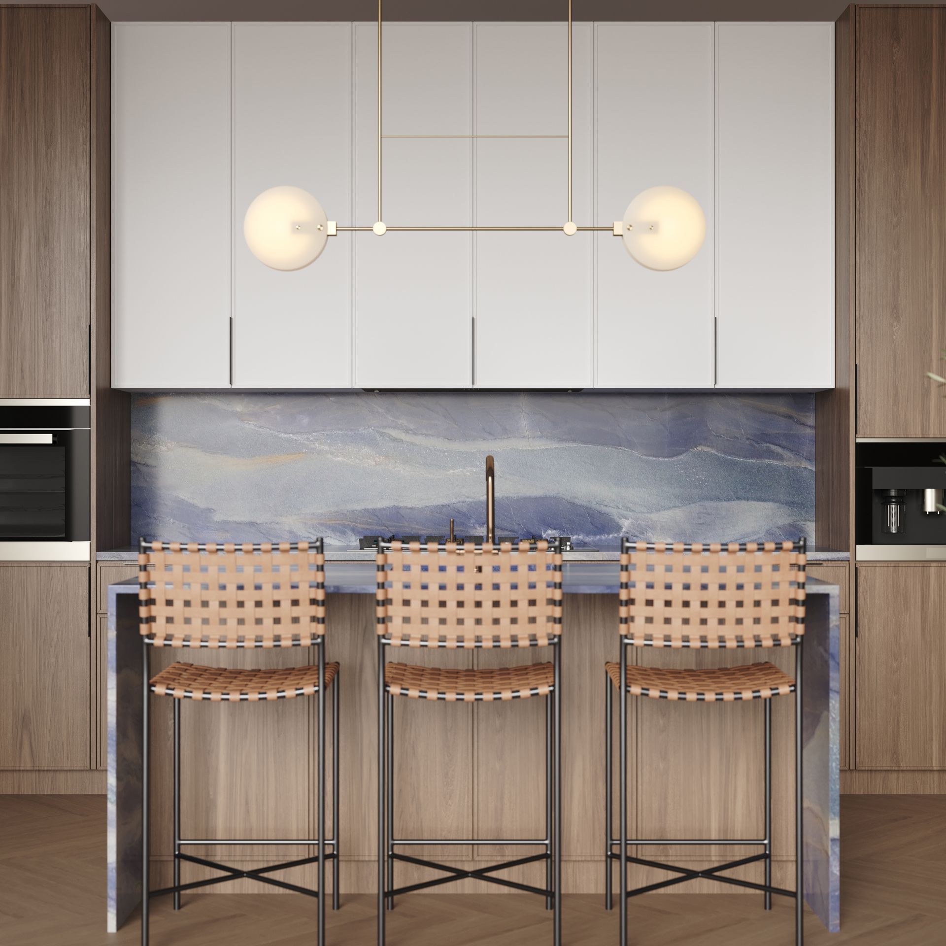 A modern kitchen with wooden cabinets and stools