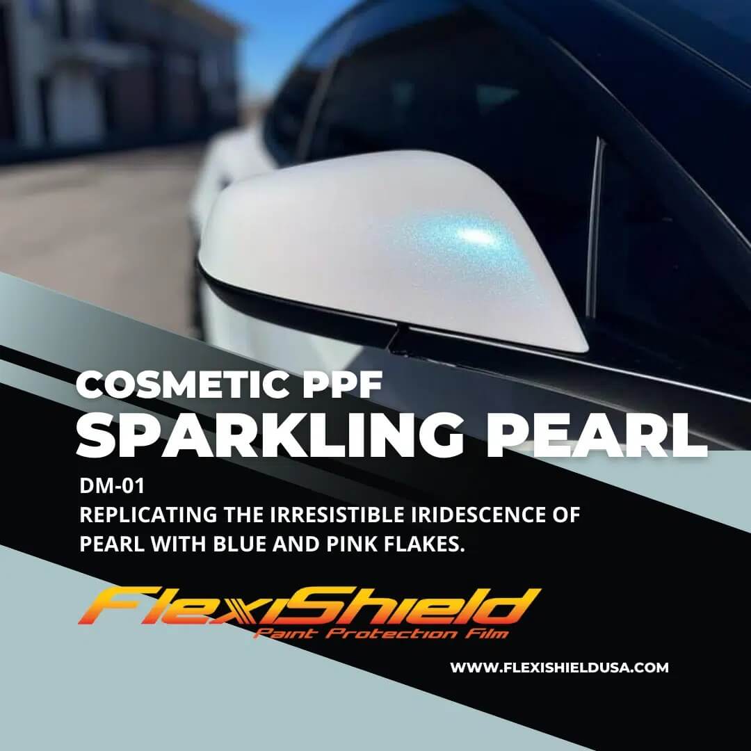 An ad for cosmetic ppf sparkling pearl with blue and pink flakes
