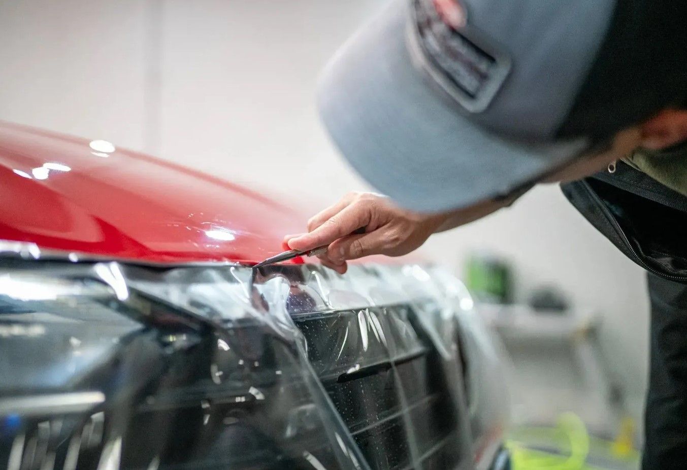 A man is covering the hood of a red car with plastic wrap.