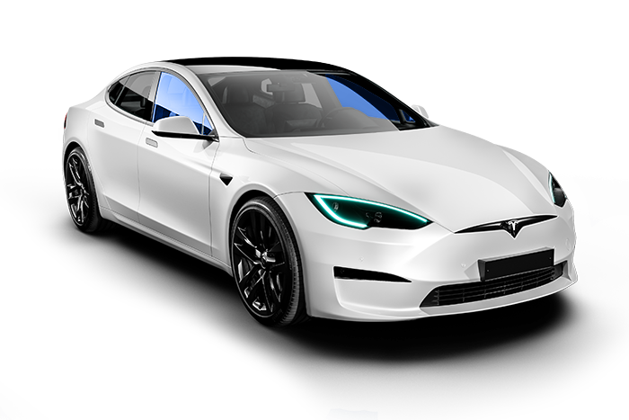 A white tesla model s with green lights on a white background.
