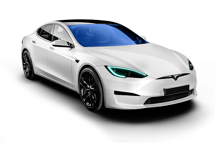 A white tesla model s with a blue windshield on a white background.