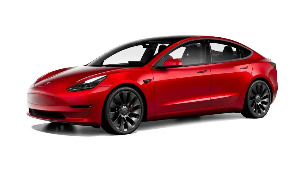 A red tesla model 3 is shown on a white background.