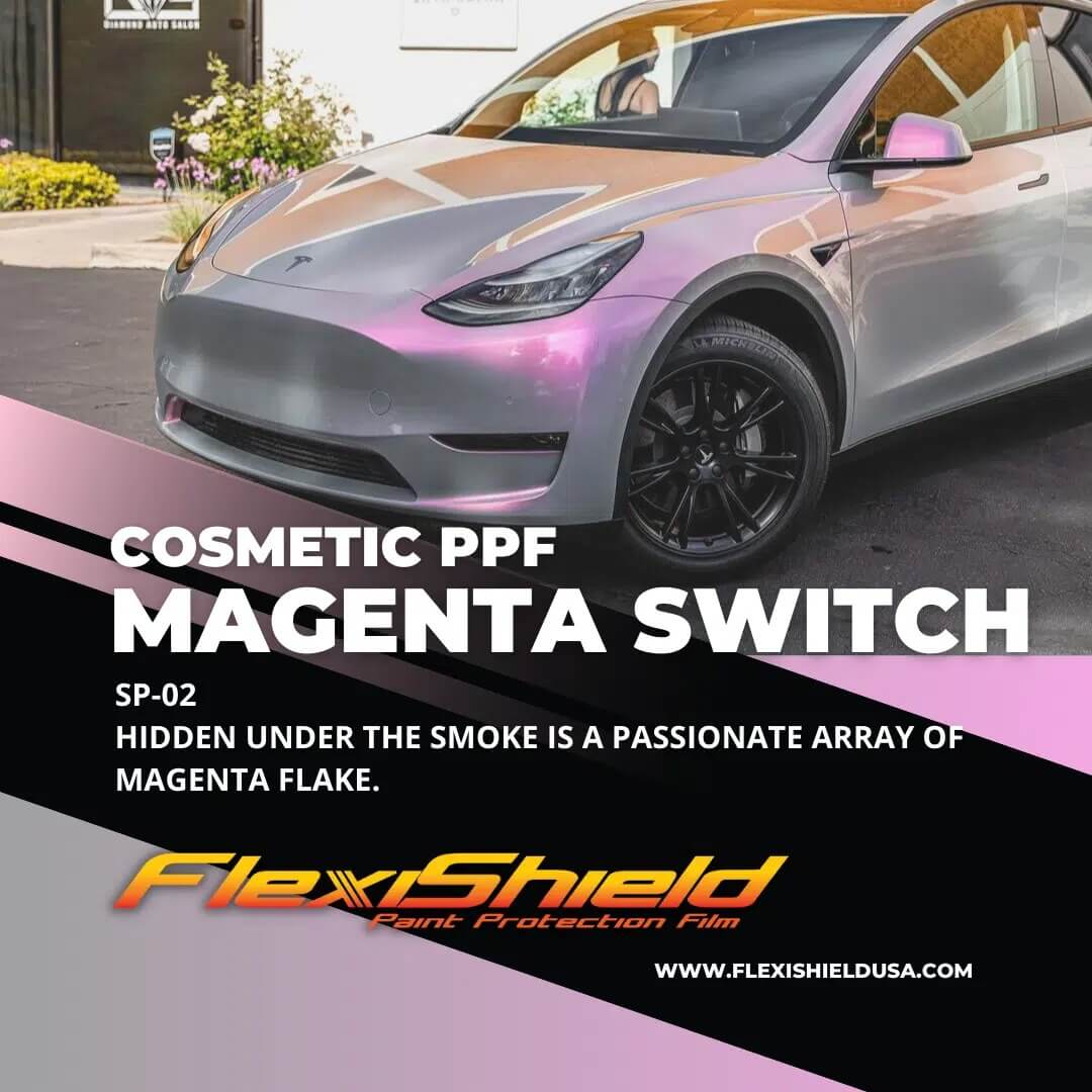 A tesla model y is covered in a cosmetic ppf magenta switch.