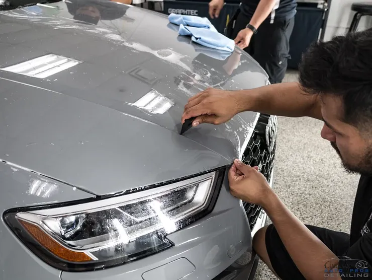 A man is applying a protective film to the hood of a car.