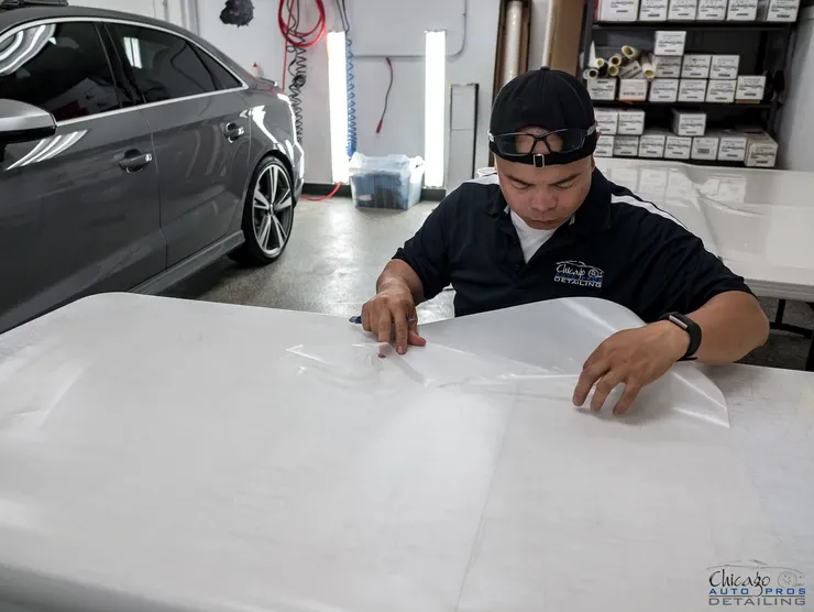 A man is sitting at a table in front of a car.