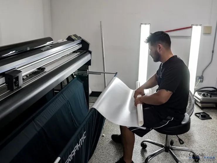 A man is sitting in front of a large machine holding a piece of paper.