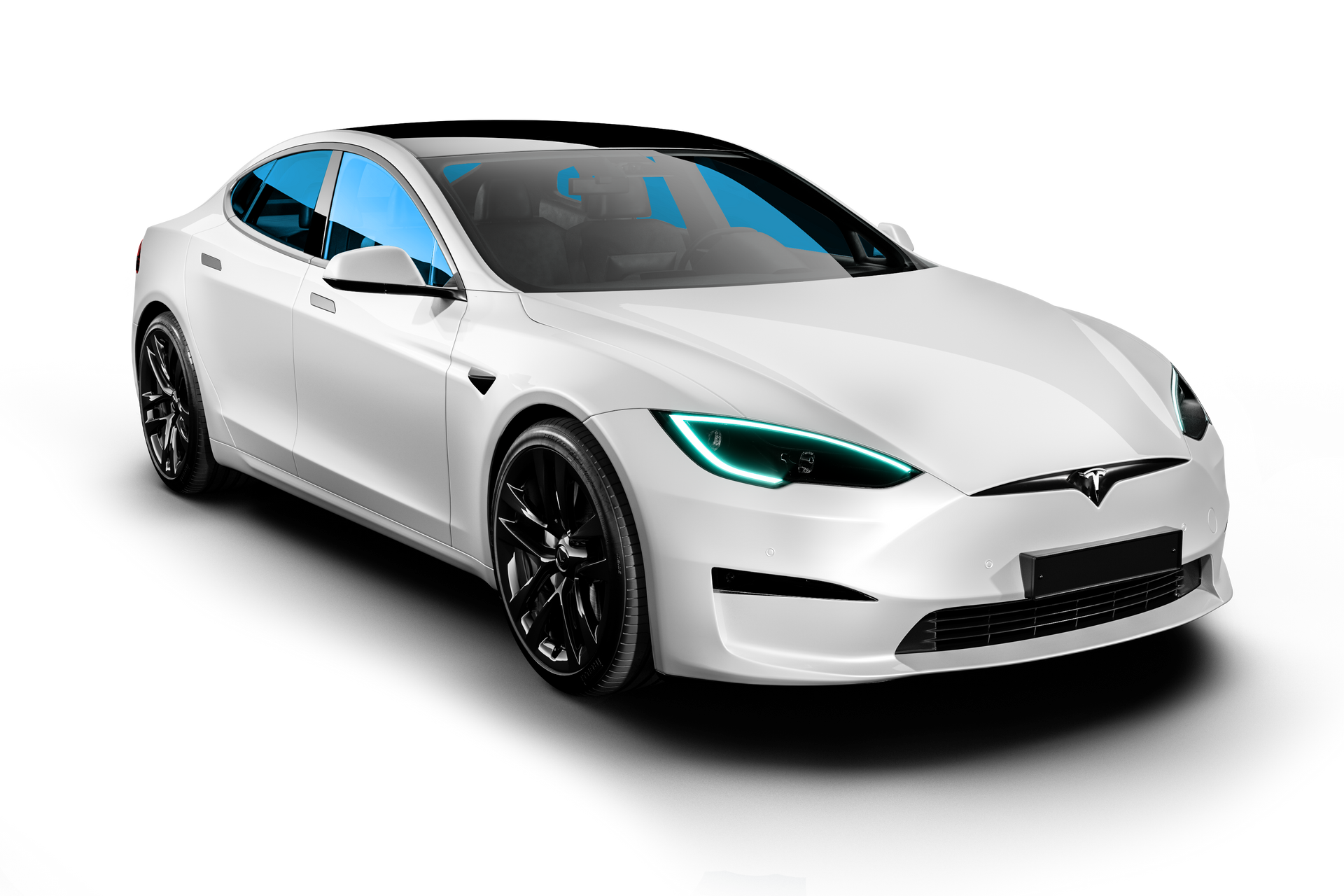 A white tesla model s with green lights on a white background.